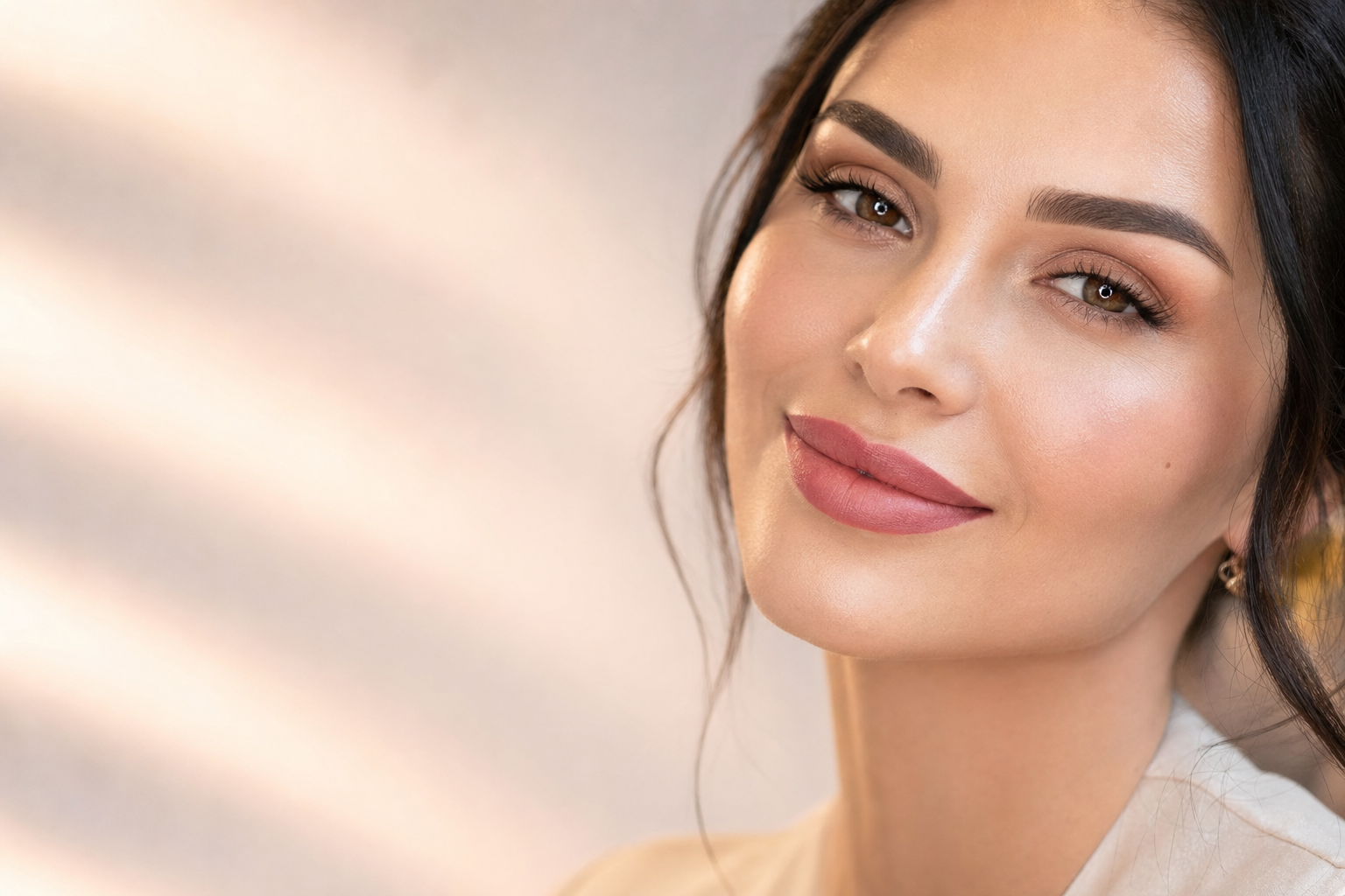Close-up of a woman with flawless lip blush and softly defined brows